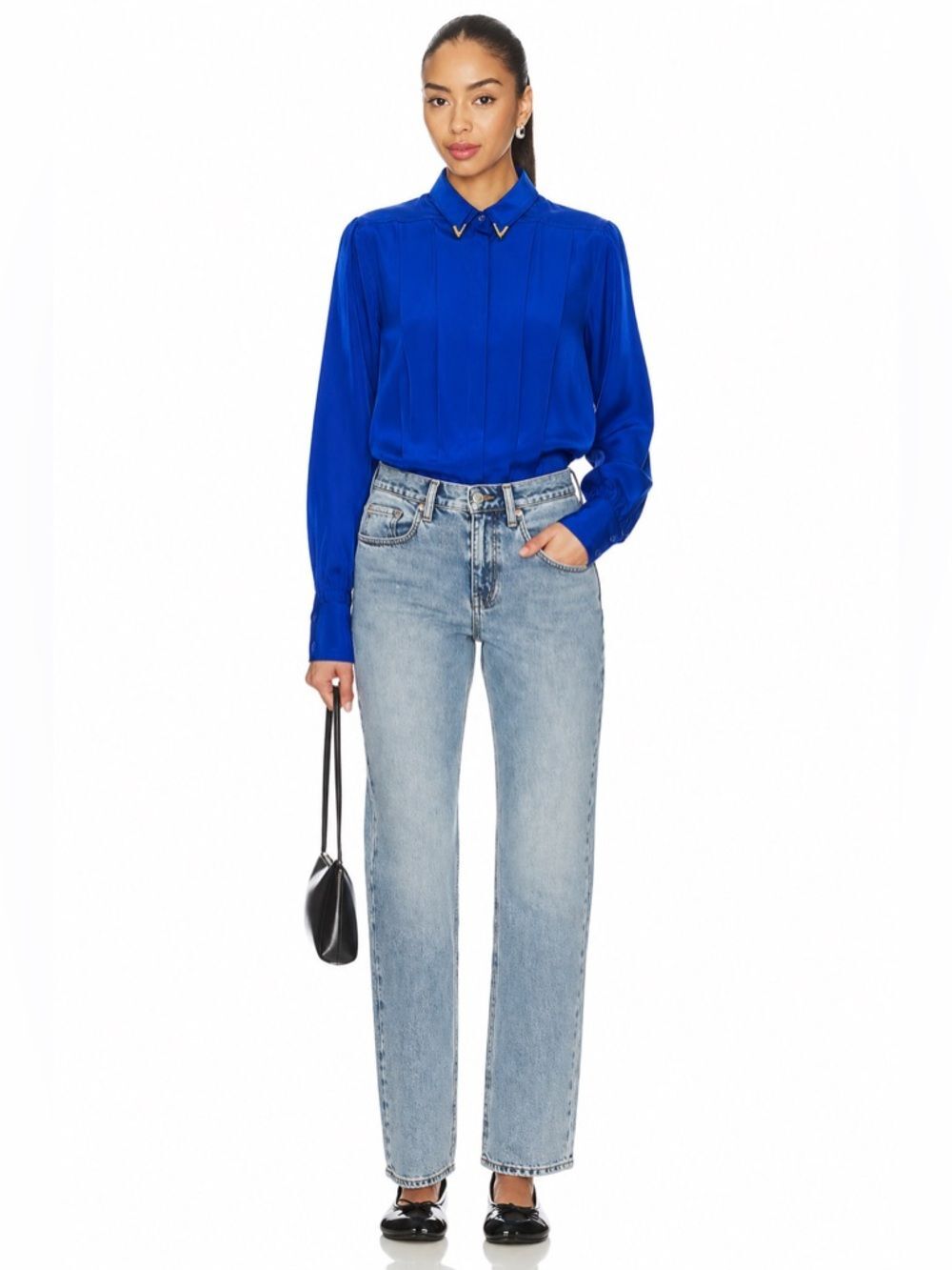 Albert Nipon Blue Silk Blouse Gold Collar Clip On Vintage Western 📐S/US4